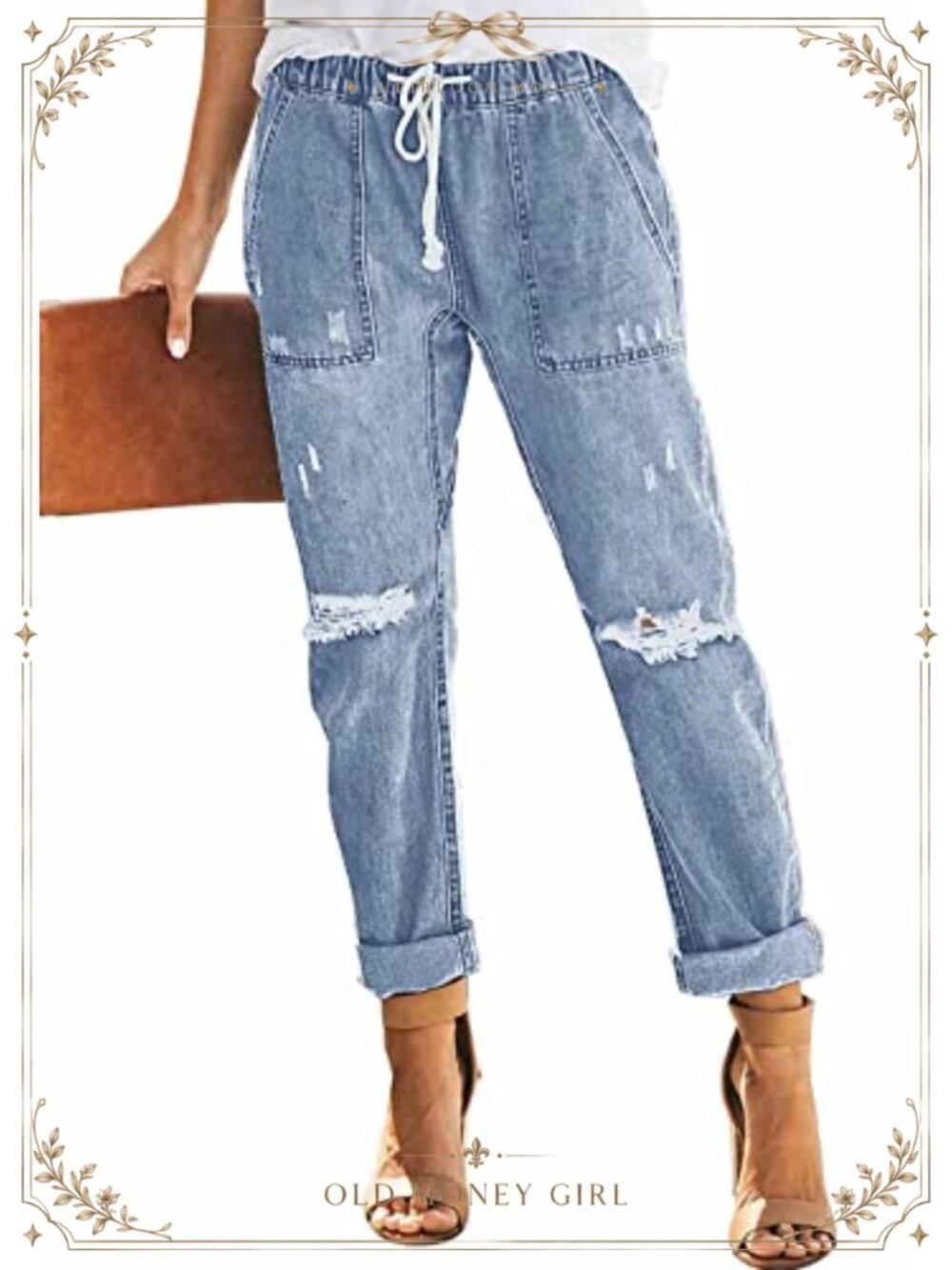 Women's Pull-On Distressed Denim Joggers Elastic Waist Straight Leg Jeans